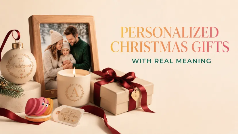 Personalized christmas gifts featuring a family photo frame, monogrammed candle, custom ornament, and wrapped presents. 