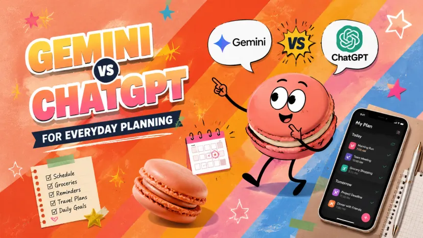 An illustration comparing Gemini vs ChatGPT for everyday planning, featuring a character, calendar, checklist, and smartphone.