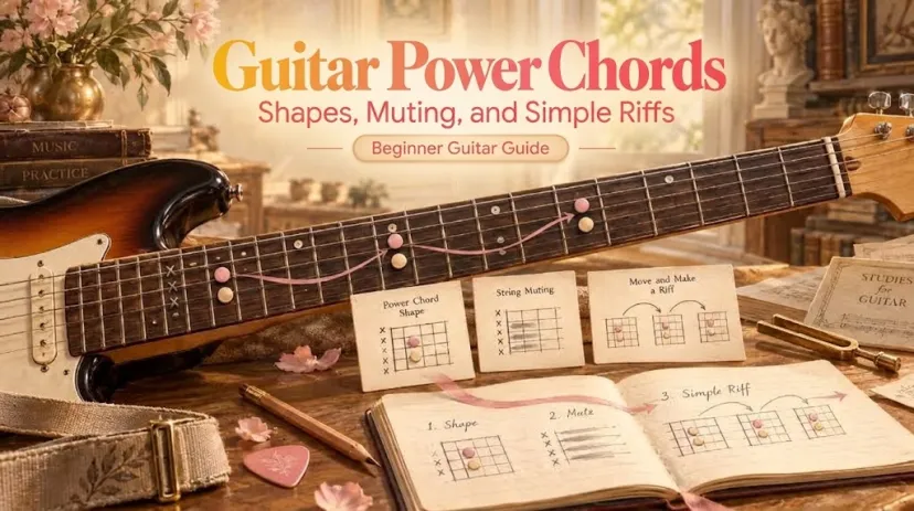 Master guitar power chords by learning fretboard shapes, string muting, and playing simple riffs.