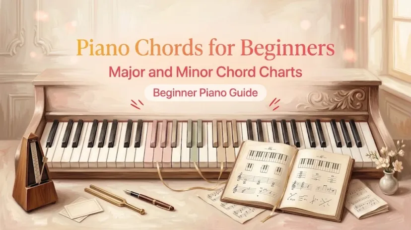 Learn essential piano chords for beginners featuring major and minor chord charts on a keyboard setup.