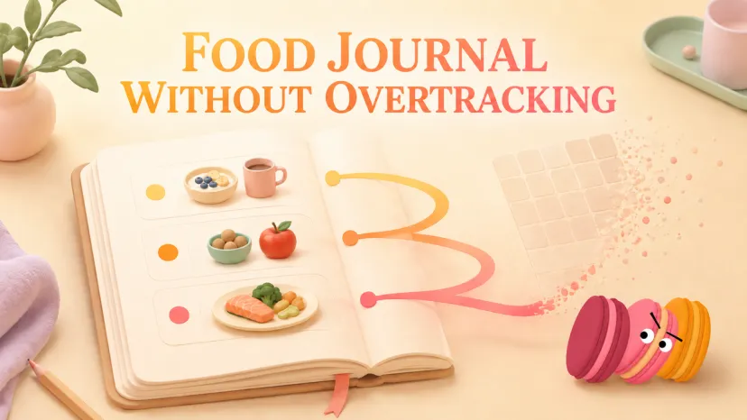 A 3D styled notebook open to meal illustrations, displaying a stress-free food journal layout.