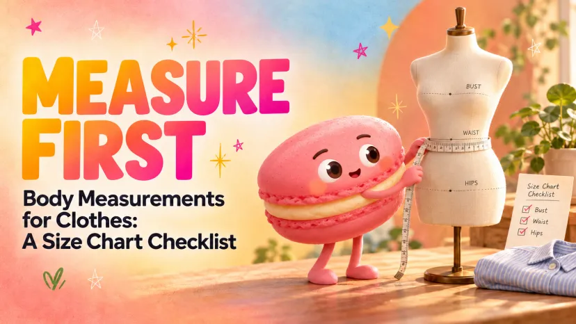 A cute macaron character takes body measurements for clothes on a dress form to prepare a size chart checklist.