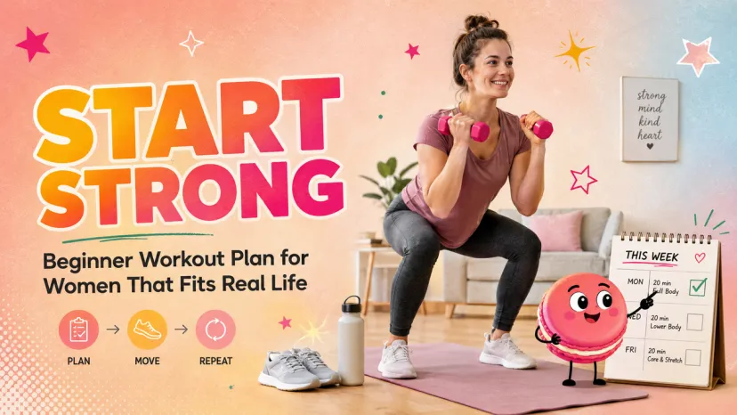 Start Strong Beginner Workout Plan for Women Guide Woman doing squats with pink dumbbells as part of a beginner workout plan for women that fits real life.