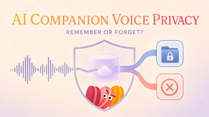 AI Companion Voice Privacy Banner An infographic banner explaining AI companion voice privacy with options to remember or forget data.