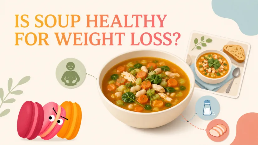 Is soup healthy for weight loss? Creamy pumpkin and vegetable soup bowl on a rustic table.