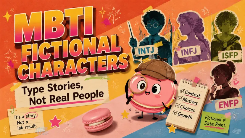 MBTI Fictional Characters Type Stories Infographic Illustrated banner explaining how MBTI applies to fictional characters, stories, and archetypes.