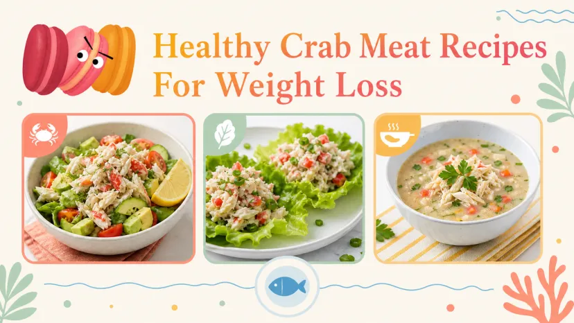 A salad, lettuce wraps, and a soup showcasing excellent healthy crab meat recipes for weight loss.