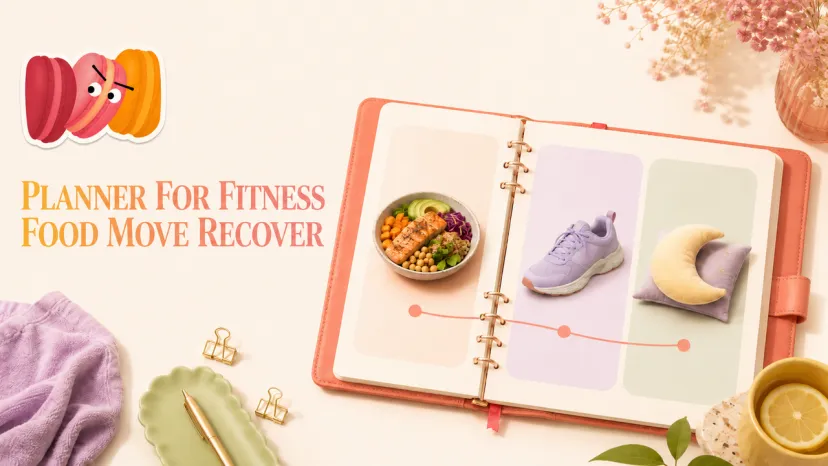An open organizer showing sections for food, movement, and recovery, serving as a structured planner for fitness.