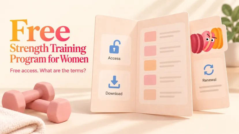 Free Strength Training Program for Women: Check the Terms A program card with an open lock and renewal notice frames a free strength training program for women.
