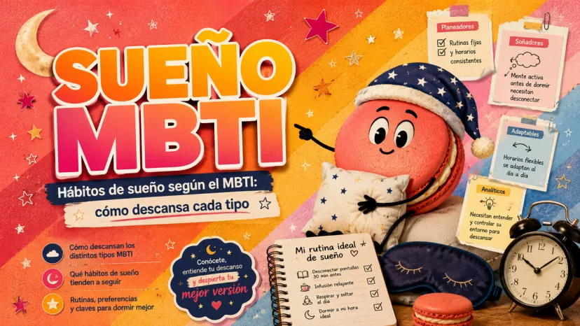 Infografía principal con un personaje macarrón durmiendo con antifaz y gorro junto a una libreta de rutina nocturna y notas sobre tipos MBTI.