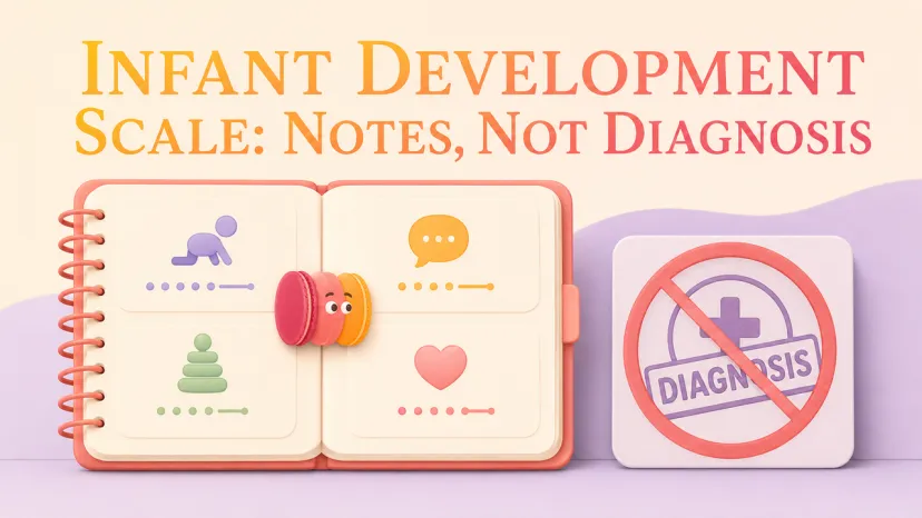 Infant Development Scale Notes vs Medical Diagnosis Concept A notebook illustrating notes versus diagnosis when using an infant development scale.