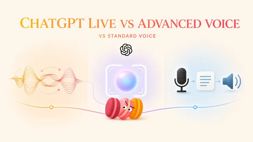 Visual chart of ChatGPT Live vs Advanced Voice showing waveform and dictation icons.