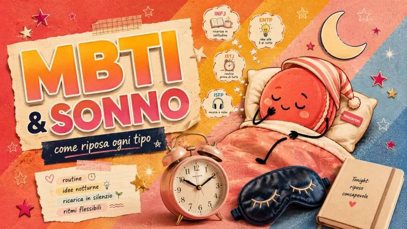 Copertina sull'analisi del sonno nei tipi MBTI con macaron a letto e sveglia sul comodino.
