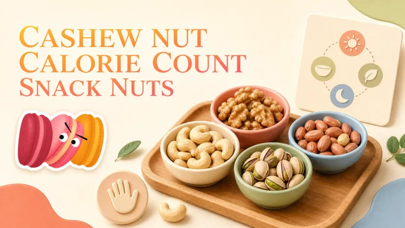 Four bowls filled with cashews, walnuts, peanuts, and pistachios arranged on a tray for cashew nut calorie count tracking.