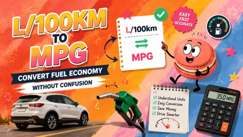Graphic showing a macaroon character using a calculator and notepad to convert ltr 100km to mpg.