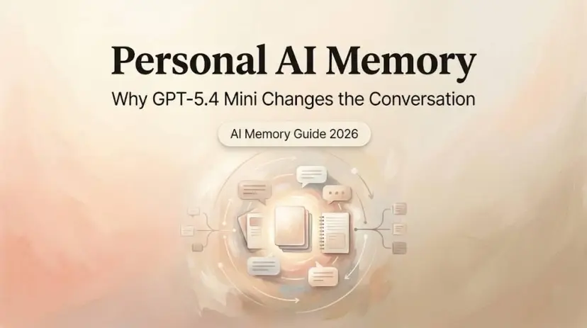 Graphic for GPT 5.4 mini personal AI memory guide showing circular icons of chat bubbles and files.