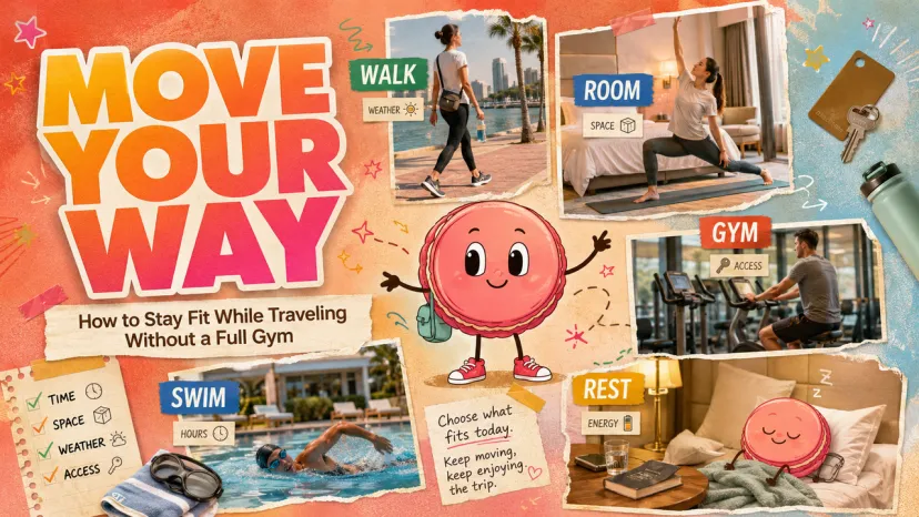 Move Your Way Guide - Travel Fitness Options Discover how to stay fit while traveling without a full gym through walking, room workouts, swimming, and resting.