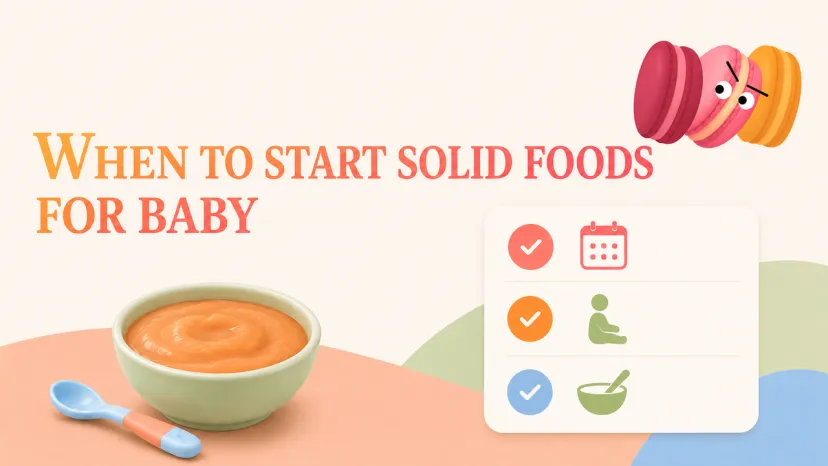 A checklist diagram next to a bowl of puree, highlighting milestones for when to start solid foods for baby.