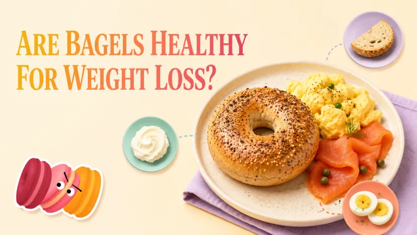 Healthy Bagel Breakfast with Smoked Salmon and Eggs Are bagels healthy for weight loss? A breakfast plate with an everything bagel, salmon, and scrambled eggs.