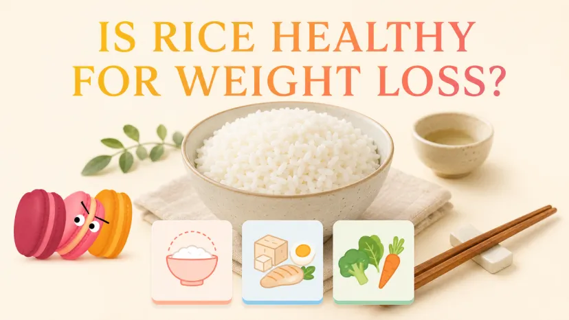 White rice bowl infographic with protein and vegetable icons explaining is rice healthy for weight loss.
