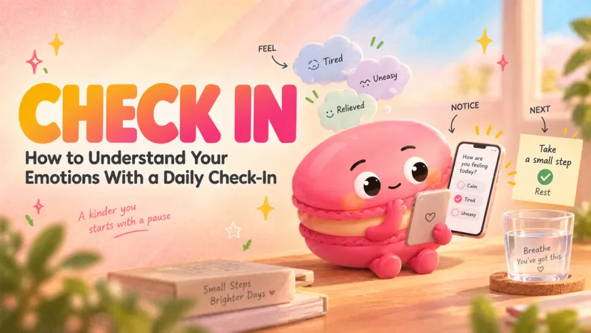 A cute macaron character uses a mobile app for how to understand your emotions daily.