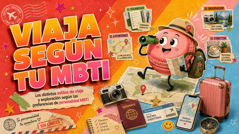 Infografía principal ilustrada con un personaje macarrón viajero con sombrero, mapa y binoculares rodeado de maletas, pasaporte y notas sobre estilos de viaje.