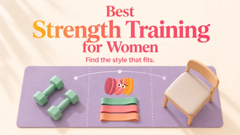 Best Strength Training for Women: Compare Workout Styles Dumbbells, resistance bands, and a chair show options for comparing the best strength training for women.