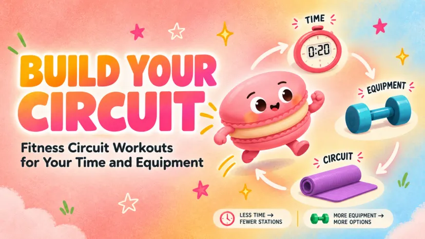 Build Your Routine: Fitness Circuit Workouts for Your Time and Equipment Cartoon mascot showing how to plan fitness circuit workouts for your time and equipment using mats and weights.
