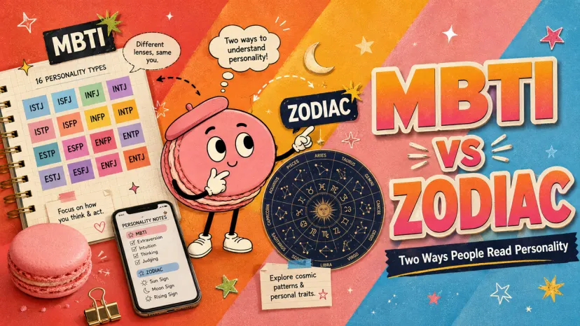 Colorful banner comparing the 16 MBTI personality types with Zodiac astrological signs.