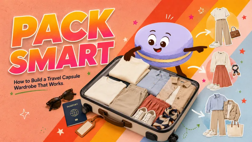 A colorful guide showing how to pack smart and build a versatile travel capsule wardrobe in a single suitcase.