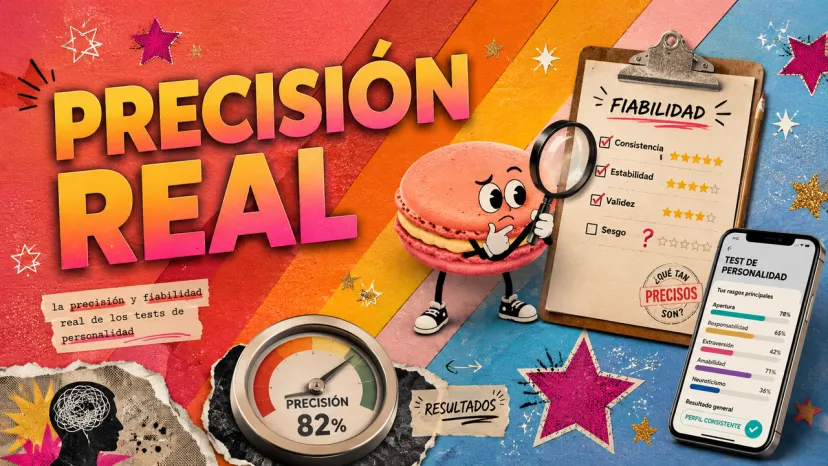 La precisión y fiabilidad real de los tests de personalidad Banner promocional con un macarrón investigando una lista de verificación de fiabilidad, junto a un indicador de precisión al 82% y una pantalla de smartphone con rasgos del Big Five.