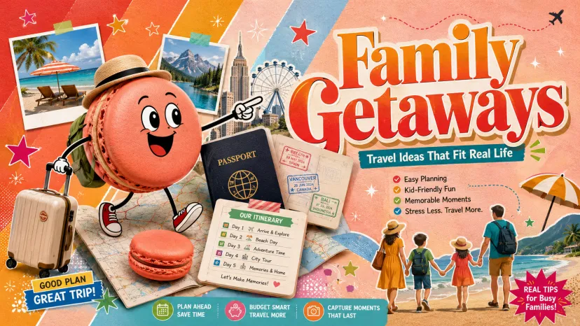 Family Vacation Ideas: Fun & Stress-Free Getaways for Busy Families Cheerful cartoon macaron character with suitcase and passport presenting colorful family vacation ideas, featuring beach photos, itinerary, and happy family walking on the shore.