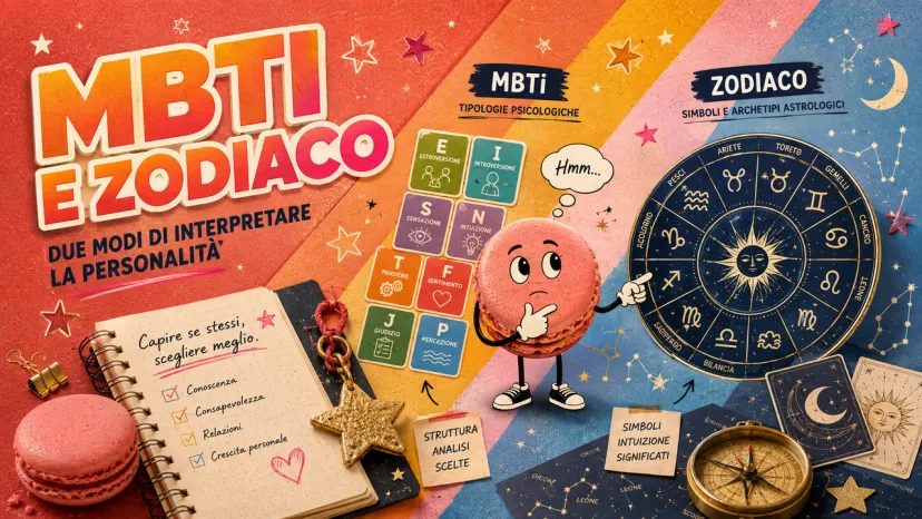 Grafica sul confronto tra il test MBTI e lo zodiaco per comprendere la personalità.