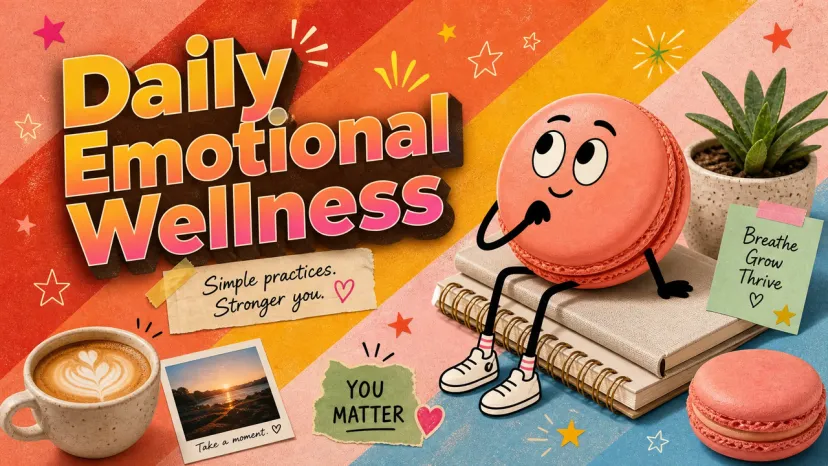 A cute macaron cartoon character sitting on notebooks, illustrating beautiful emotional wellness examples.