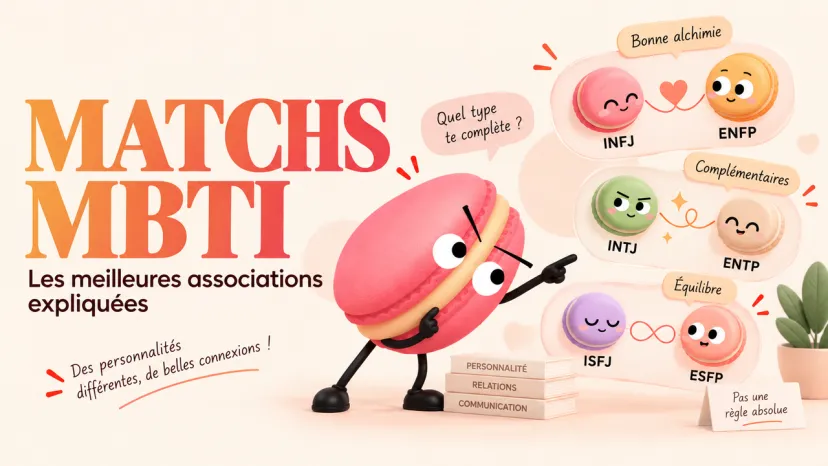 Compatibilité MBTI : Les Meilleures Associations de Personnalité Infographie sur la compatibilité MBTI illustrant les meilleures associations de profils comme INFJ et ENFP.