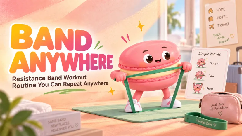 Band Anywhere: Portable Resistance Band Workout Routine Cute macaron character doing a portable resistance band workout routine you can repeat anywhere for fitness on the go.