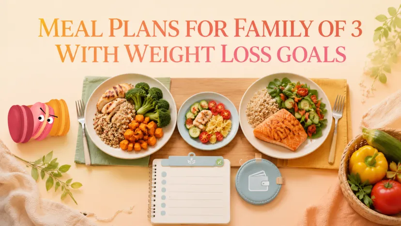 Three customized healthy plates showcasing balanced meal plans for family of 3 to include weight loss goals.