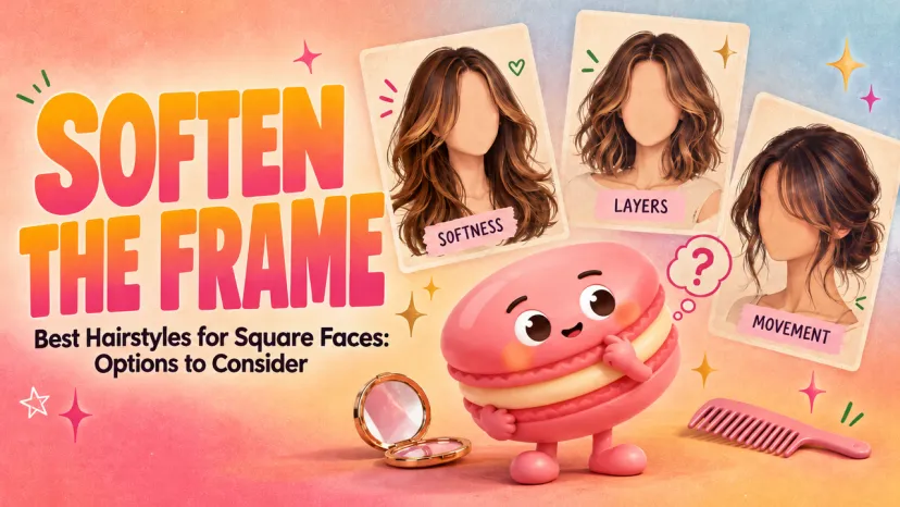 Soften the Frame: Best Hairstyles for Square Faces Guide Pink macaron character next to cards showing softness and layers for best hairstyles for square faces.