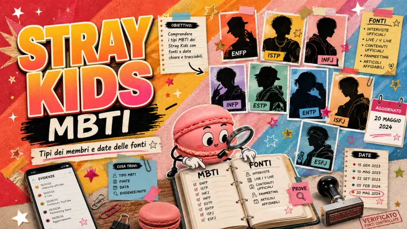 Stray Kids MBTI: Tipi dei Membri e Date delle Fonti Copertina sull'analisi dei tipi MBTI degli Stray Kids con date delle fonti e macaron detective.