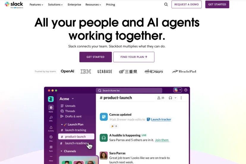 Official Slack website banner displaying a product launch channel and features for integrating AI agents in Slack.