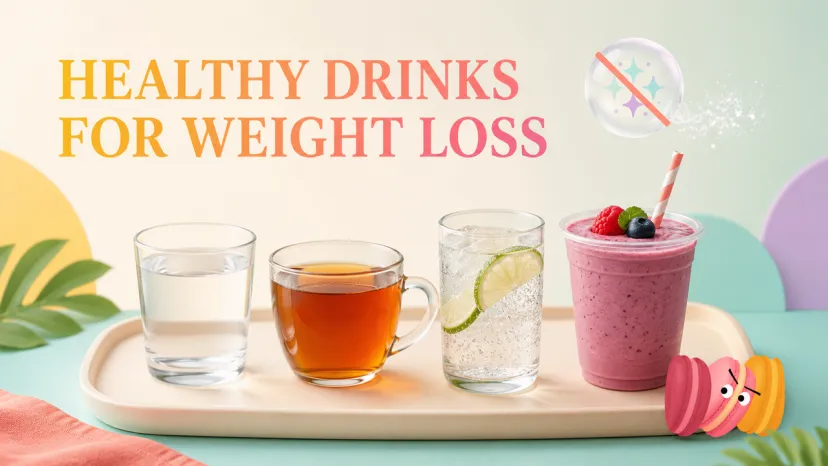 Four Low Calorie Beverage Options for Healthy Drinks for Weight Loss Water, tea, sparkling lime water, and a berry smoothie displayed on a tray as healthy drinks for weight loss.