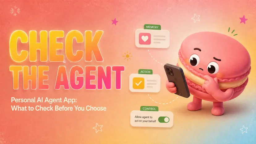 Cute macaron character reviewing memory and control features of a personal ai agent app.