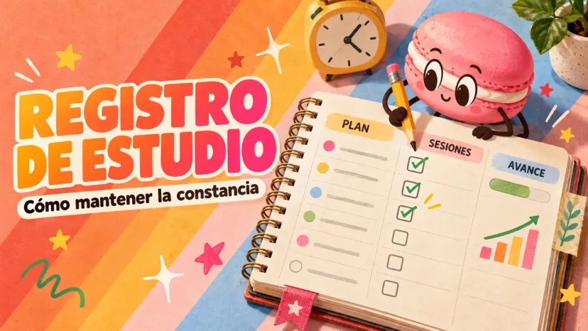 Cartel de registro de estudio con planificador, reloj y un personaje de macaron que marca tareas para la constancia.