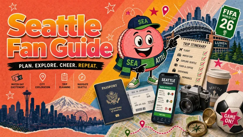 Illustrated fan guide for the 2026 world cup seattle featuring travel itinerary, match tickets, and city landmarks.