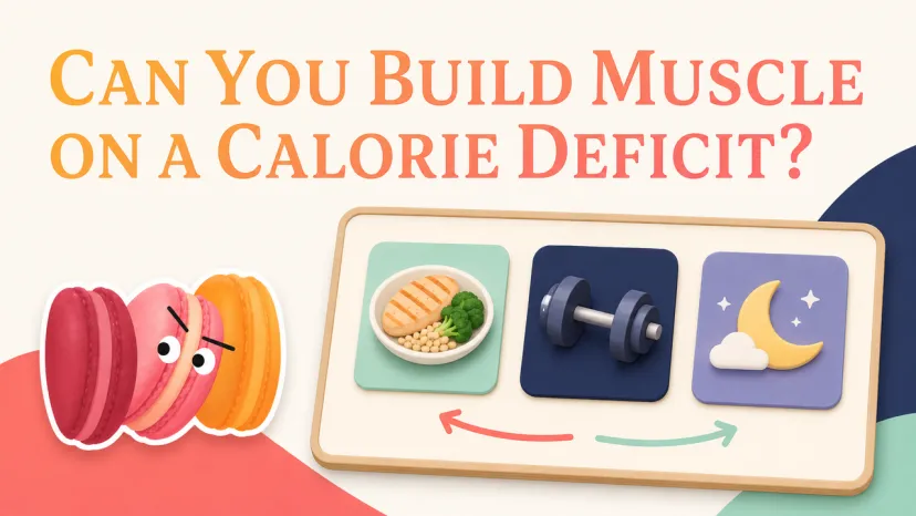 Icons of healthy food, a dumbbell, and sleep exploring the question: can you build muscle on a calorie deficit?
