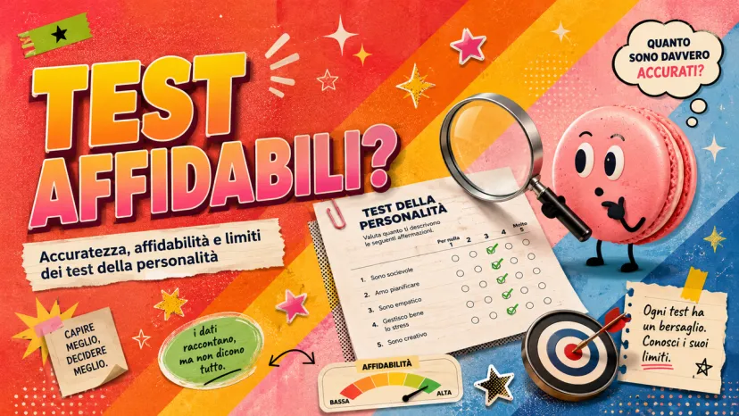 Copertina sull'affidabilità dei test di personalità con macaron, scheda e bersaglio.