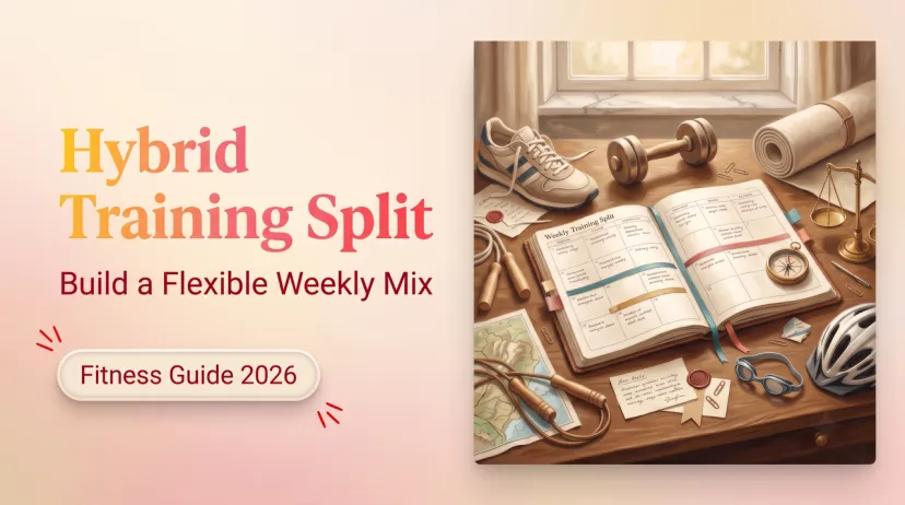 Hybrid Training Split: Build a Flexible Weekly Mix A desk layout featuring a weekly planner to help you organize a balanced hybrid training split for 2026 fitness.