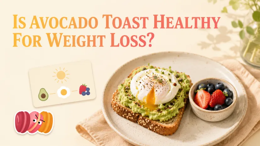 Nutritional Breakfast Guide for Avocado Toast Weight Loss A poached egg on mashed greens over bread with berries, evaluating if is avocado toast healthy for weight loss.