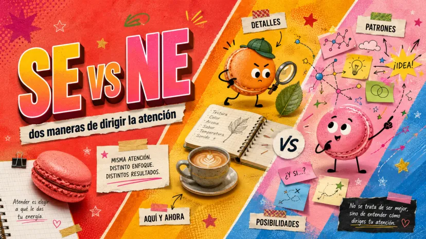 Diferencias entre Se (Sensación Extravertida) y Ne (Intuición Extravertida) Infografía sobre funciones cognitivas MBTI comparando Se enfocado en el presente y Ne enfocado en posibilidades.