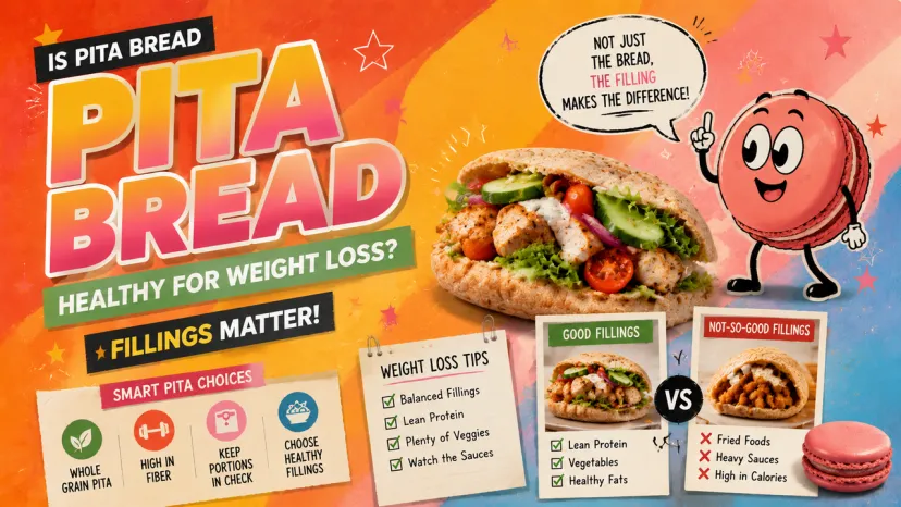 Infographic explaining is pita bread healthy for weight loss by comparing lean protein fillings versus fried foods.
